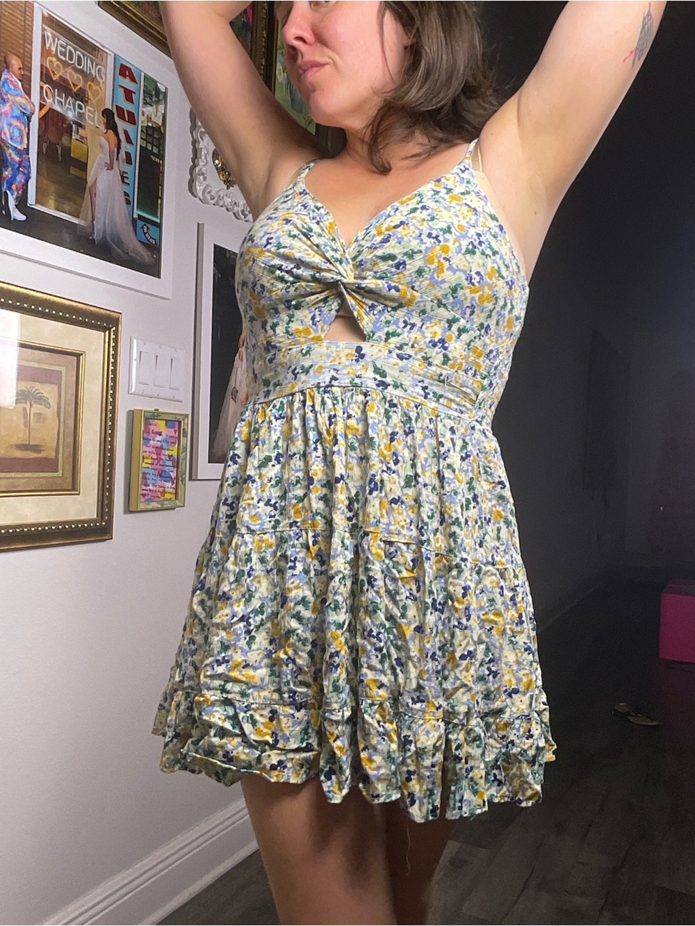 Angie boho floral tiered mini sundress size large rayon keyhole babydoll a-line - Picture 8 of 11